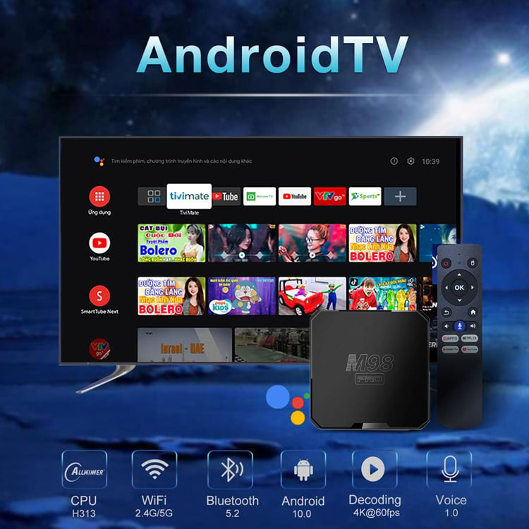 Tivi box Z98 Pro mới có điều khiển giọng nói tiếng việt Ram 4G Rom 32G hỗ trợ bluetooth Wifi băng tần kép cài sẵn chương trình tivi và xem phim HD miễn phí vĩnh viễn - Hàng nhập khẩu