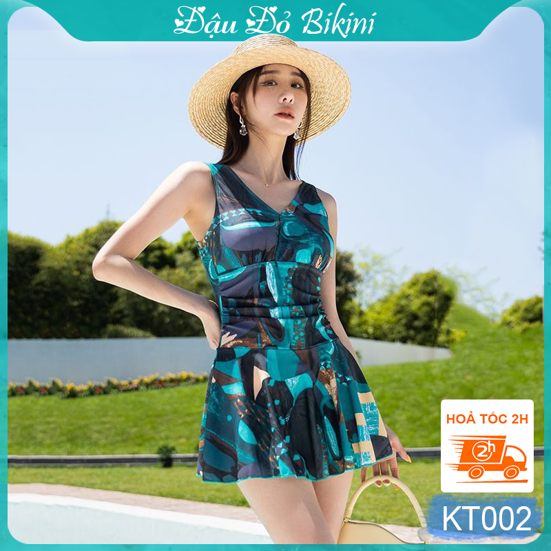 Áo tắm nữ dáng váy liền thân thời trang, thiết kế dấu bụng giúp thon gọn xinh xắn hơn, phom rộng rãi phù hợp cho cả các mẹ, các bác tuổi trung niên | KT002