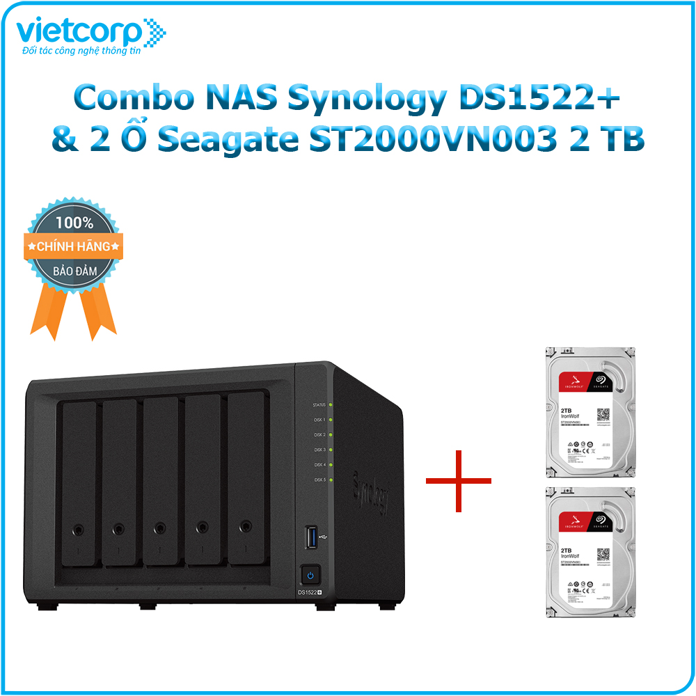 Combo Thiết bị lưu trữ NAS Synology DS1522+ và 2 Ổ cứng Seagate ST2000VN003 2 TB - Hàng Chính Hãng