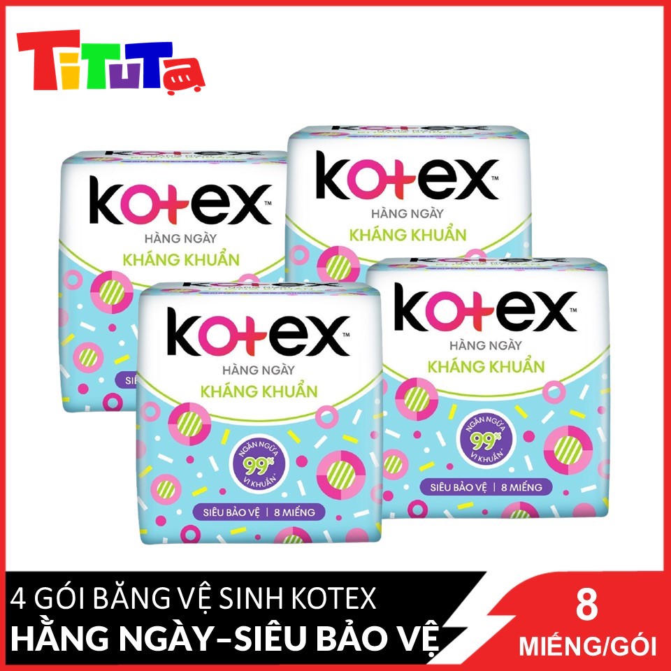 Combo 4 Băng Vệ Sinh Kháng Khuẩn Hàng Ngày Kotex Siêu Bảo Vệ 8 miếng