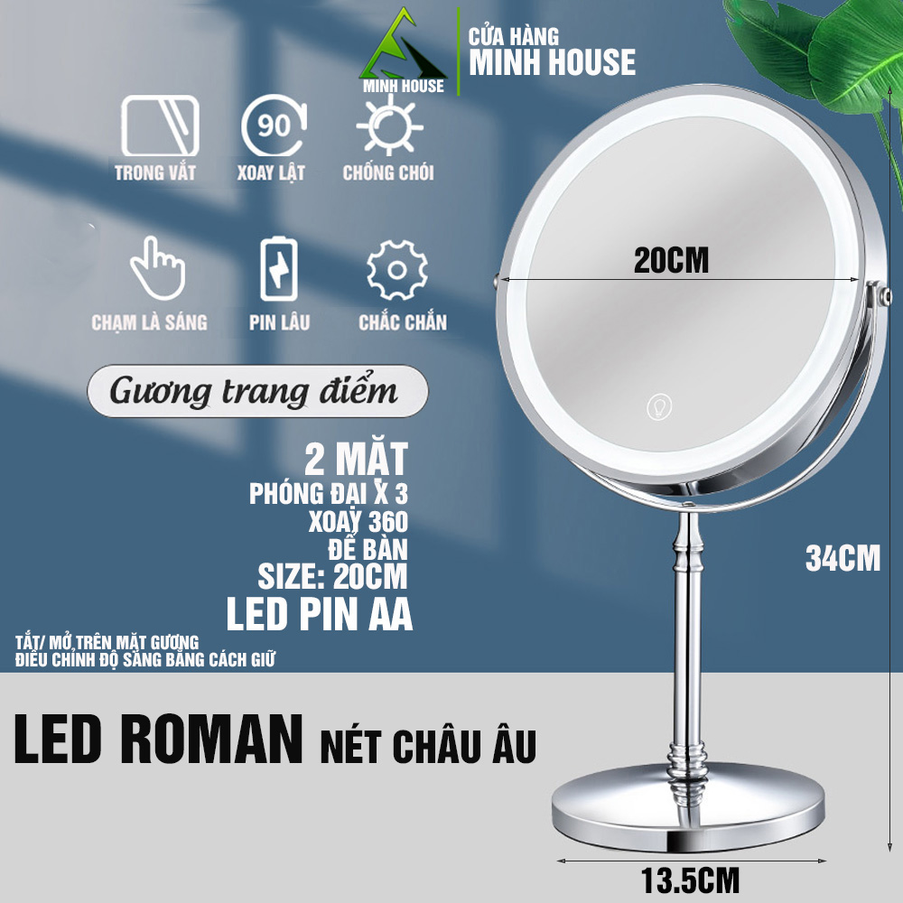 Gương trang điểm đèn LED Roman cảm ứng để bàn phóng đại 3 lần, xoay 360 độ, 2 mặt Minh House