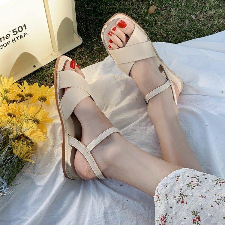 Fashion Square Open Toe One Line Buckle Flat Sandals for Women