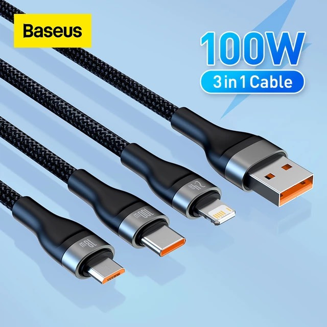 Cáp Sạc 3 Đầu Công Suất Cao Baseus Flash Series Ⅱ One-for-three Fast Charging Data Cable 100W - hàng chính hãng