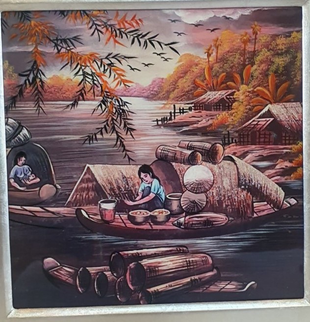 Tranh sơn mài đồng quê vẽ màu đẹp Thanh Bình Lê, hàng xuất khẩu 30x30 cm