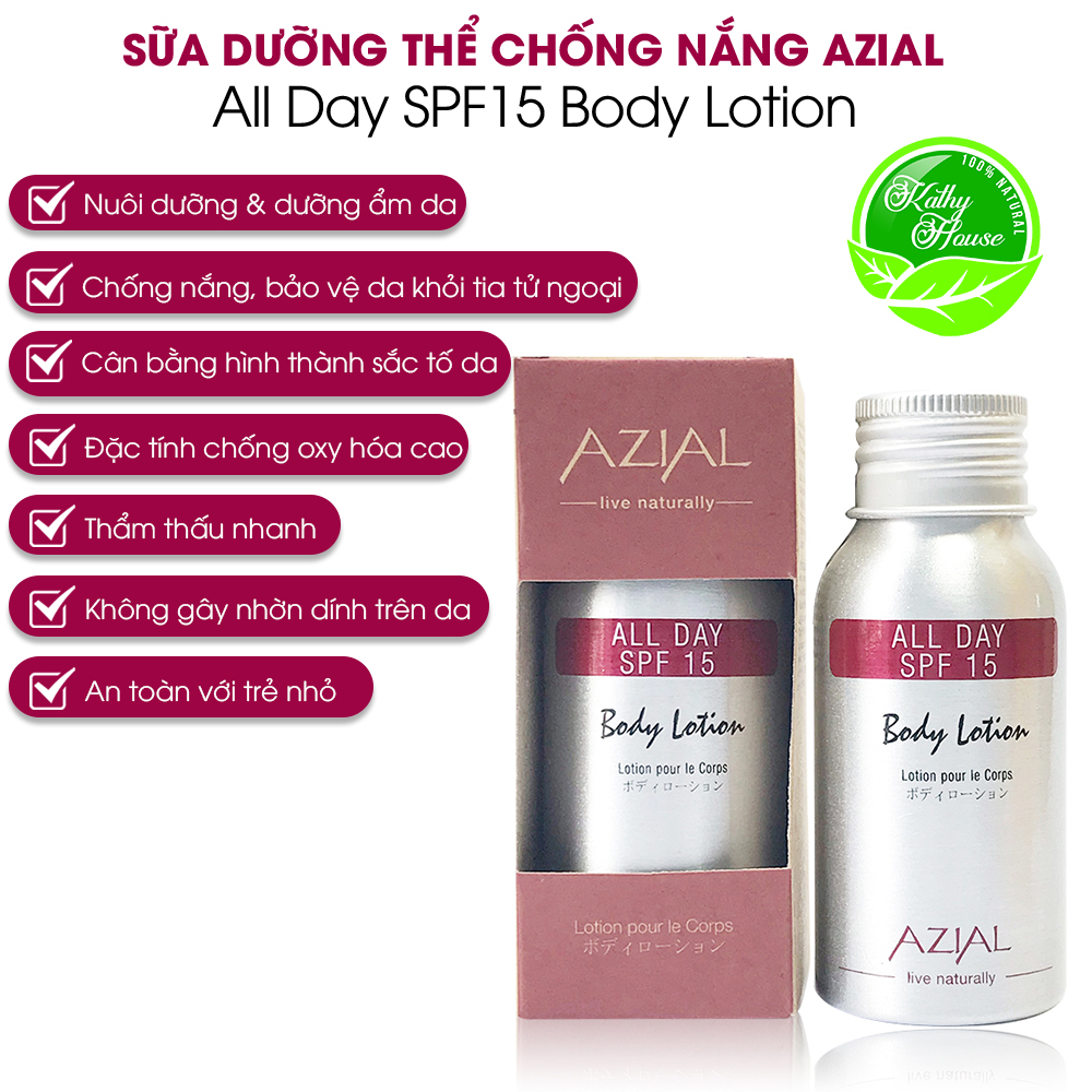 Sữa dưỡng thể chống nắng AZIAL All Day Body Lotion SPF15, 100% thiên nhiên, giải độc tố, chai 50ml