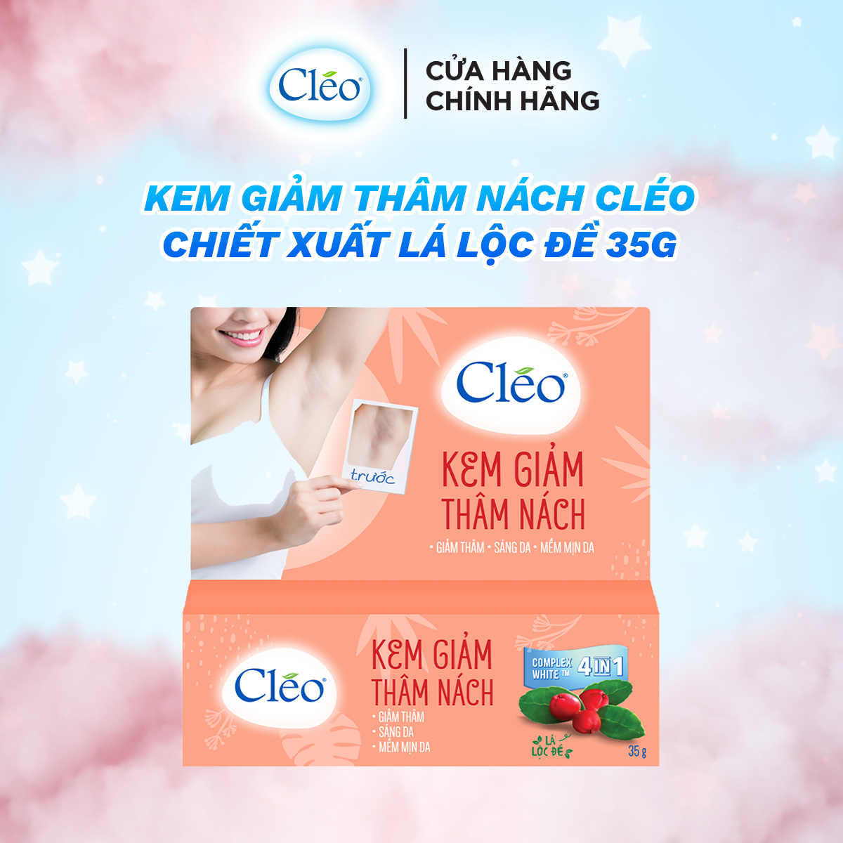 Combo tẩy lông nách Cléo cho da nhạy cảm an toàn không đau 50g và kem giảm thâm nách Cléo chiết xuất lá lộc đề 35g