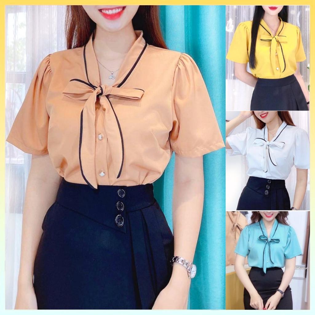Áo sơ mi kiểu nữ PHỐI VIỀN NƠ CỔ tay ngắn thanh lịch và sang trọng