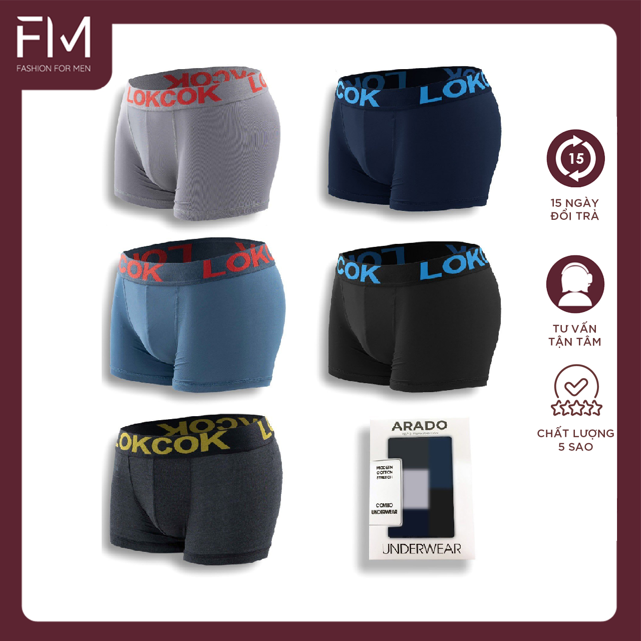 Combo 5 quần sịp boxer chất cotton mềm mịn, thoải mái, nhiều màu - FORMEN SHOP - FMCB5QS007