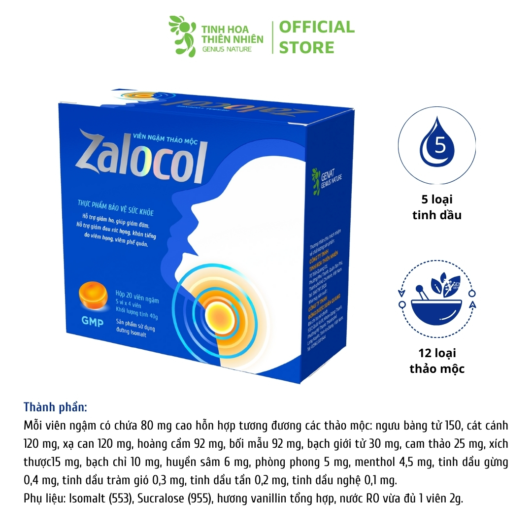 Combo 2 hộp 20 viên - Viên ngậm ho thảo mộc Zalocol Hỗ trợ giảm đờm, đau rát họng, khản tiếng - Genat - Giao 2H HCM