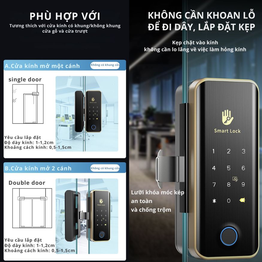 Khóa Cửa Thông Minh Kachi MK45 cho cửa không có khung như cửa kính, cửa gỗ trượt – Mở Khóa App Tuya + Vân tay + Chìa khóa + Thẻ từ + Mã số - hàng chính hãng