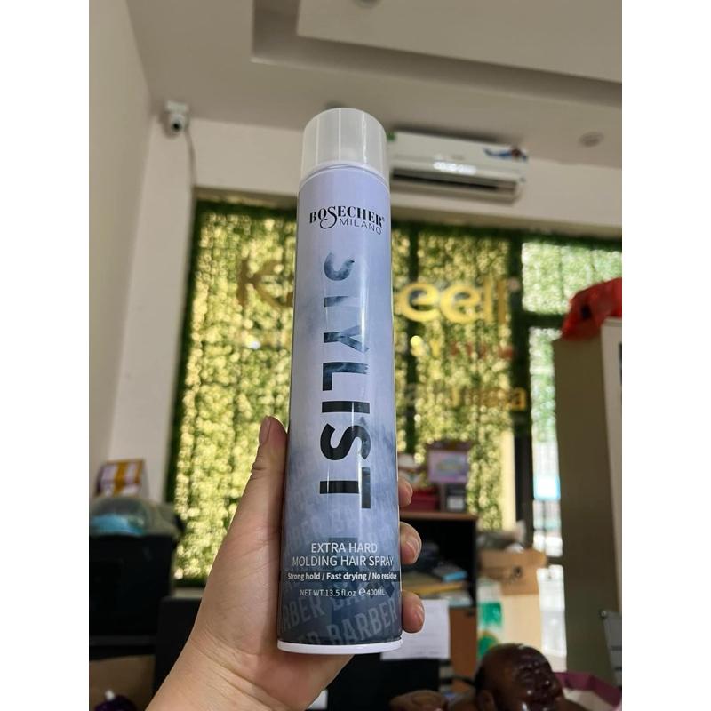 Gôm xịt tóc Cứng Bosecher Milano Stylist Extra Hard Molding Hair Spray 400ml