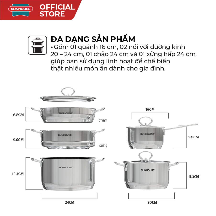 Bộ nồi chảo inox 5 đáy Sunhouse SHG995