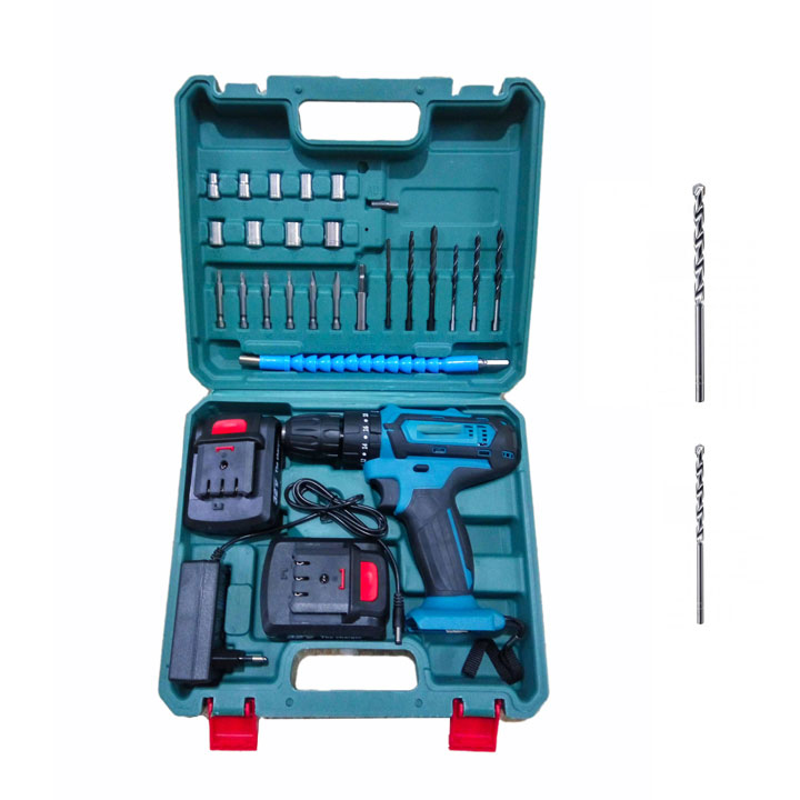 Bộ máy khoan pin 21V 3 chế độ khoan tường, khoan sắt, bắt vít, 2 tốc độ và đảo chiều tặng kèm 2 mũi khoan tường