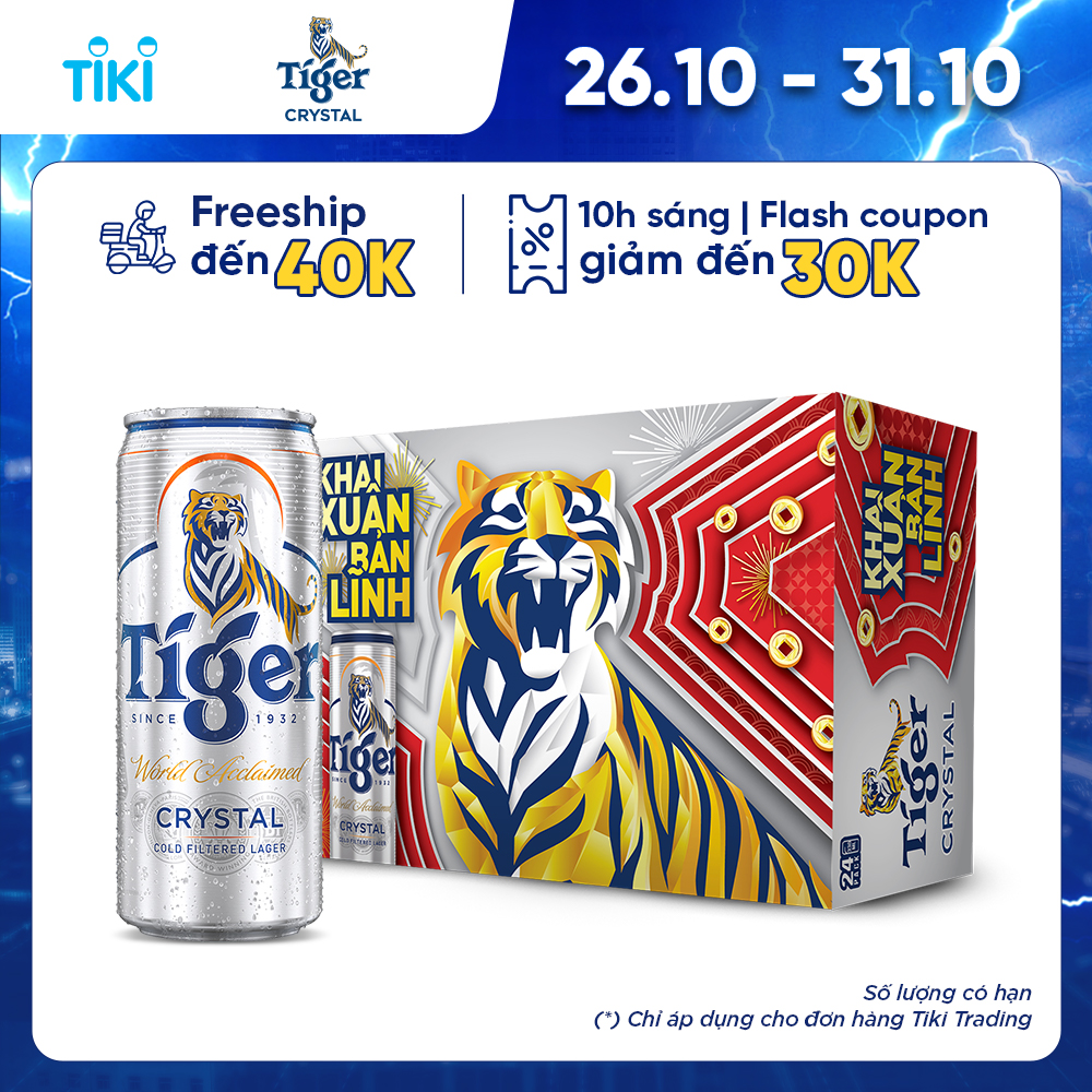 Thùng 24 lon bia Tiger Crystal 330ml - Bao bì Xuân