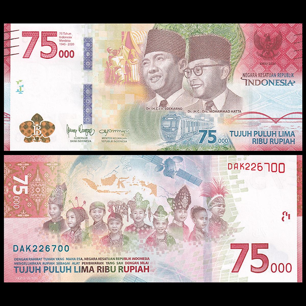 Tờ 75000 Rupiah Indonesia kỷ niệm 75 năm độc lập, tiền Đông Nam Á , Mới 100% UNC, sưu tầm