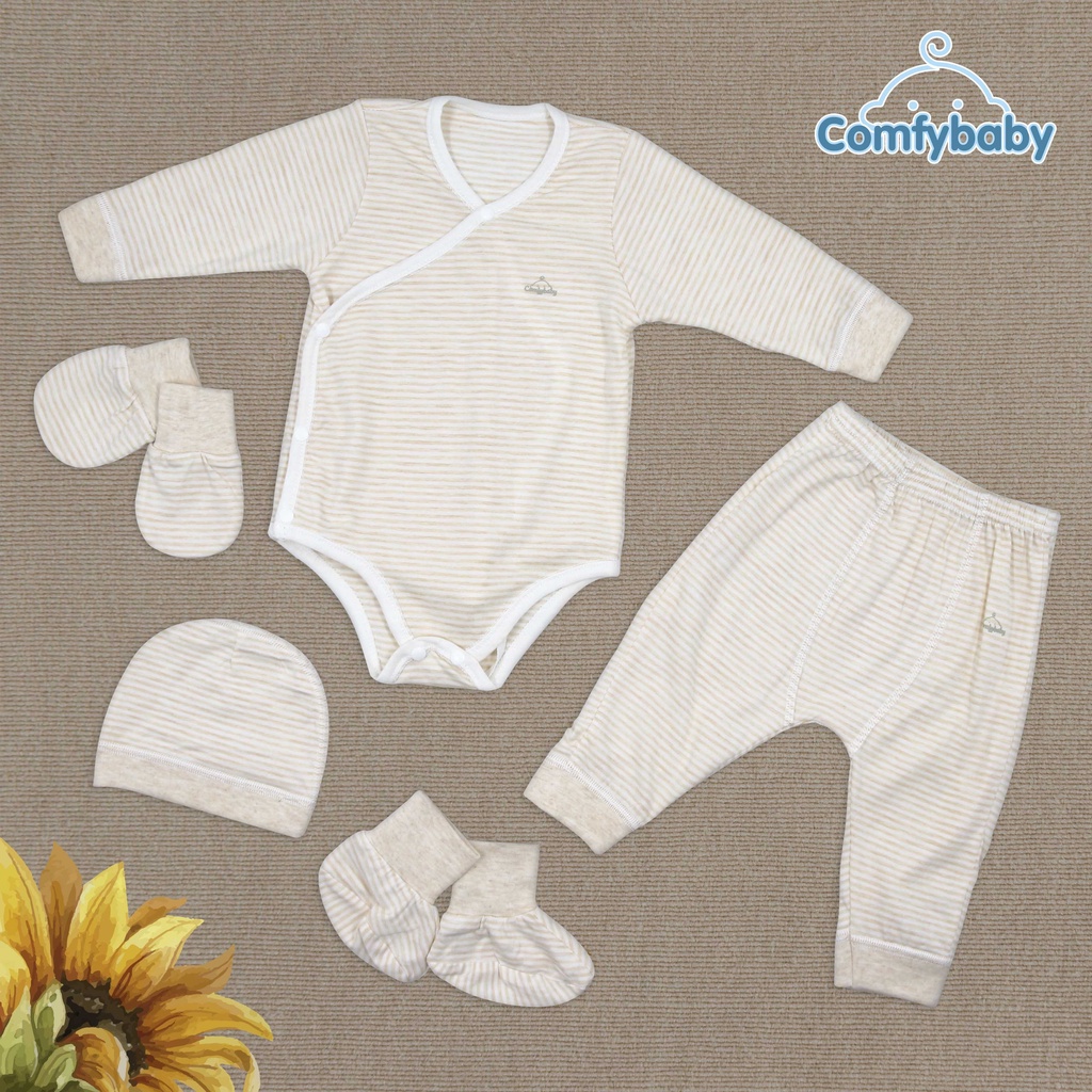 Set Bodysuit giữ ấm sơ sinh 5 món ComfyBaby (quần áo dài, bao tay chân, mũ) kẻ sọc màu xanh - 100% Cotton- chính hãng