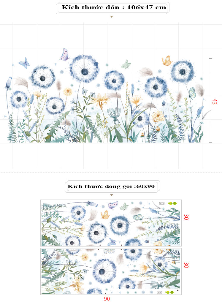 Sticker Giấy Dán Tường Decal Dán tường Tranh Dán Tường Trang Trí Tường Mẫu Hoa Bồ Công Anh ZDB-2272