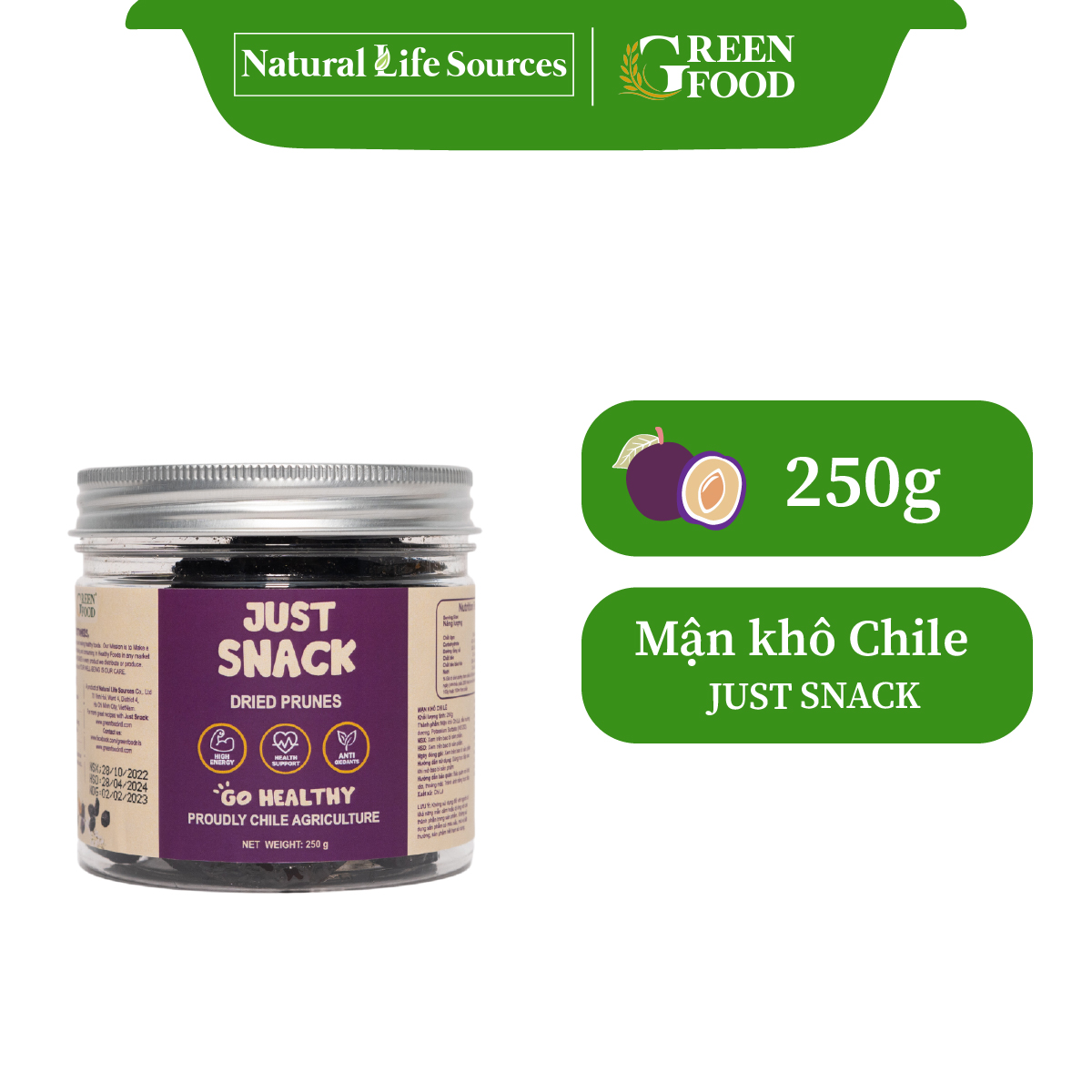 Mận Khô Chile Kích Cỡ Medium Dried Prunes Just Snack GREEN FOOD Hộp 250g - ăn vặt khỏe mạnh, không thêm đường, nhập khẩu chính hãng từ Chi-lê.