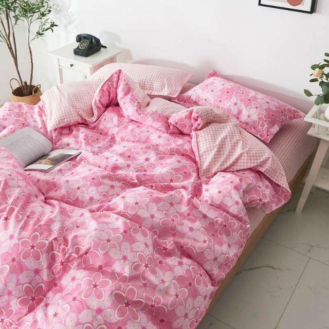 Bộ Chăn Ga Gối Cotton Hoa Đào Hồng