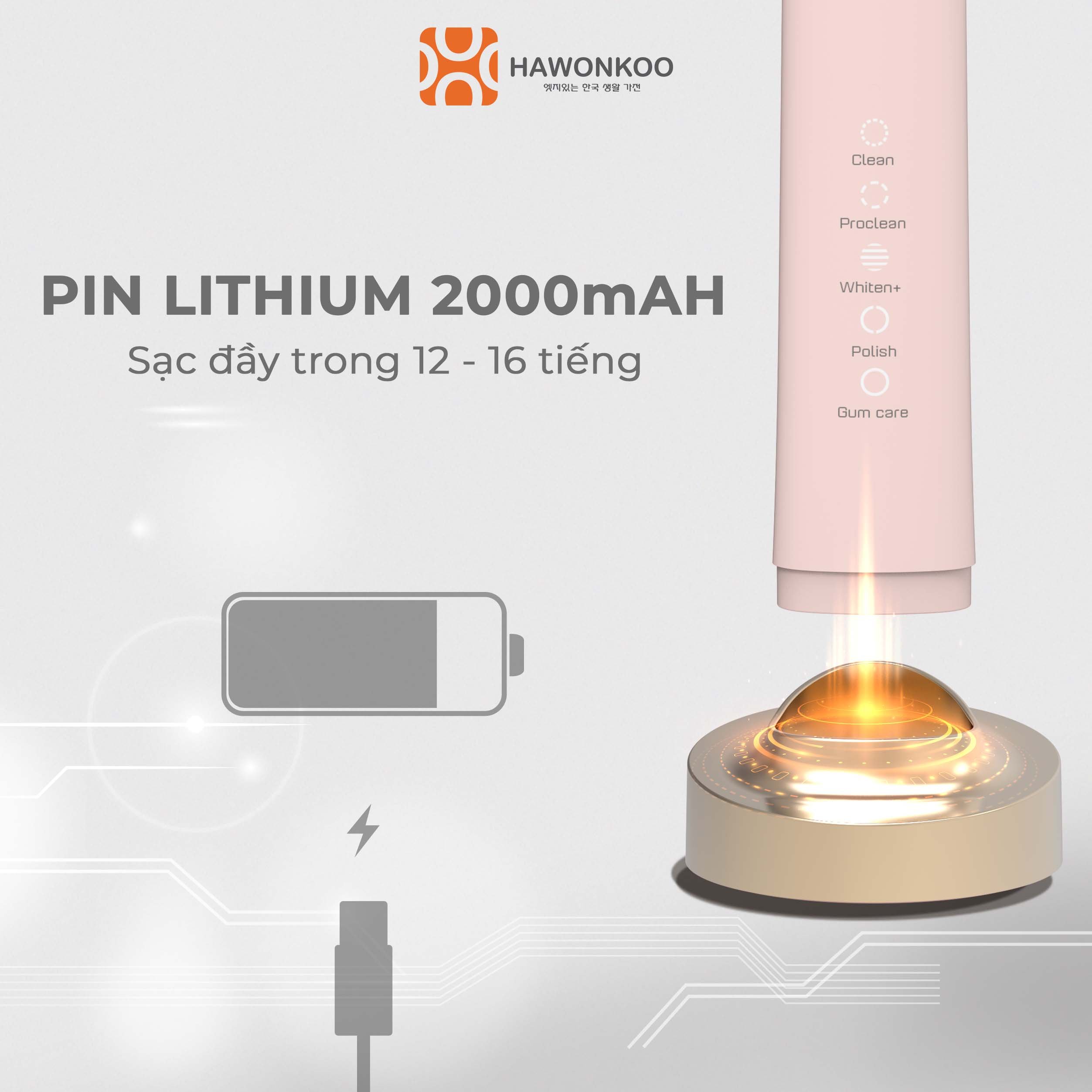 Bàn chải điện Hawonkoo ETH-002 Siêu pin 2000mAh Chống nước IPX8 mới nhất Hàng Chính Hãng Bảo Hành 12 Tháng - Thương Hiệu Hàn Quốc