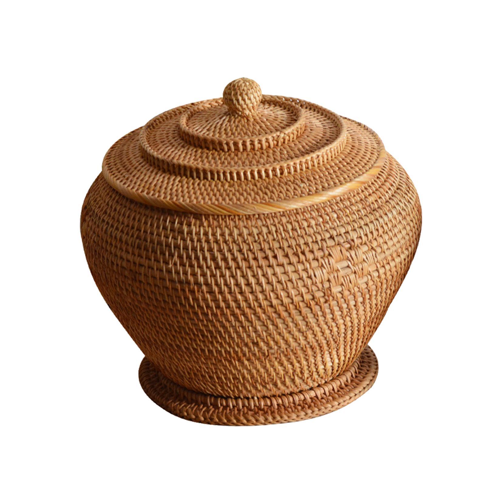 Rattan Woven Basket with Lid Durable Organizer Round for Vegetable Kitchen