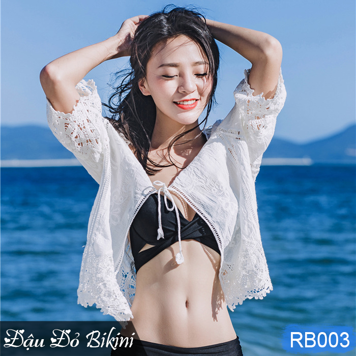 Áo khoác ren ngoài bikini loại đẹp, áo lưới đi biển nữ thời trang, dáng cardigan lửng sexy gợi cảm, dây buộc trước tiện dụng | RB003