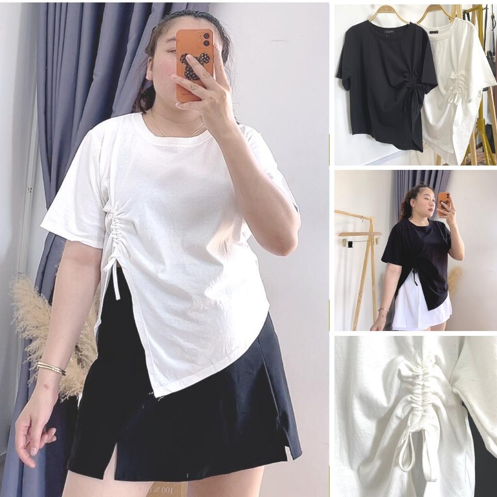 Áo thun tay ngắn croptop bigsize nữ form rộng xẻ kiểu một bên rút dây chất liệu cotton 58kg-95kg A29 - MÀU TRẮNG