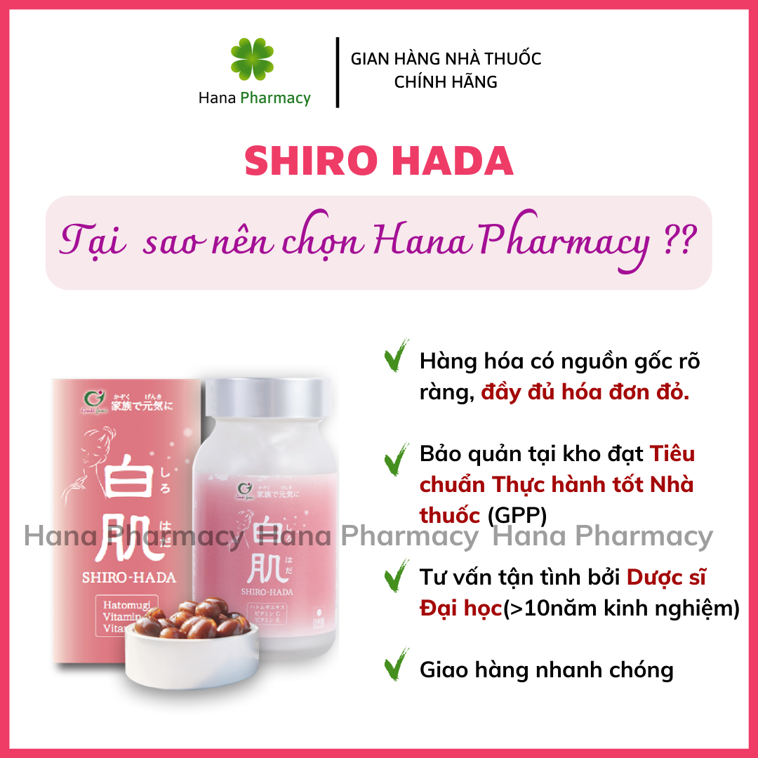 [Hàng nội địa Nhật] SHIRO HADA viên uống TRẮNG SÁNG bật tone, NGỪA MỤN, giúp da hồng hào, mịn màng (Hộp 90v/30 ngày)