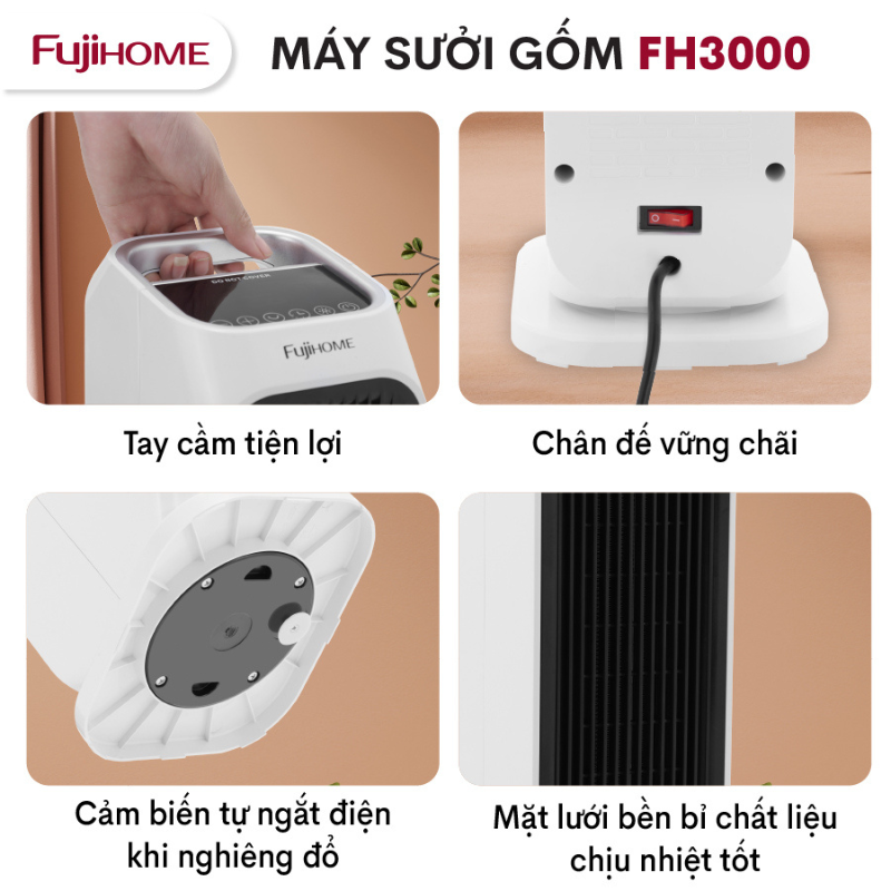 Quạt sưởi gốm để sàn FUJIHOME FH3000 điều khiển từ xa, Màn LCD hiển thị, Làm ấm cực nhanh, Hàng chính hãng bảo hành 24 tháng