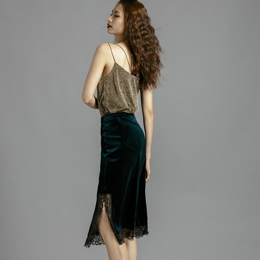 Váy Nhung Váy Đẹp Thời trang thiết kế Hity SKI032 Phối Ren (Xanh Hunter)
