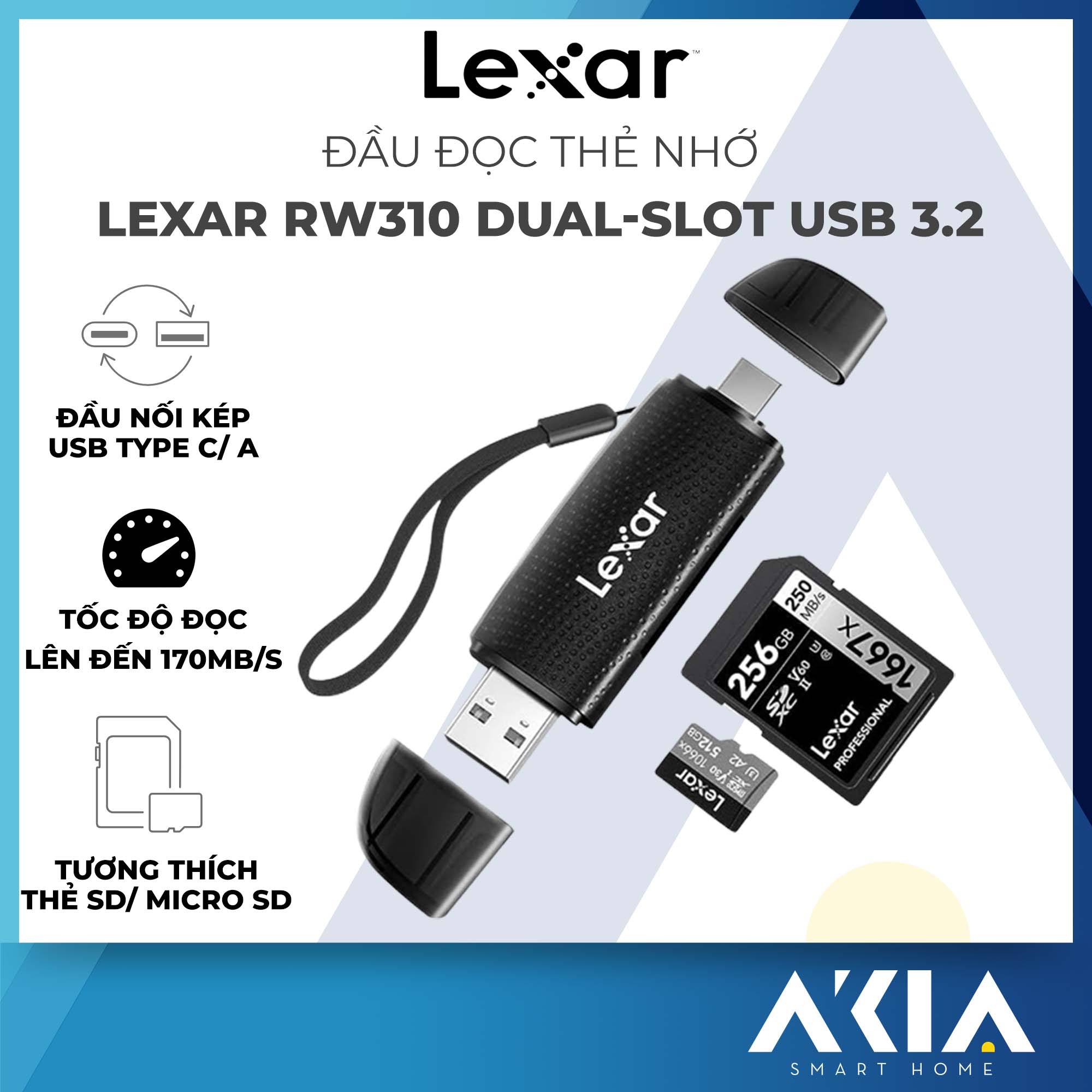 Đầu đọc thẻ nhớ Lexar RW310 Dual-Slot SD / MicroSD USB 3.2 Type-C và Type-A, tốc độ đọc 170Mb/s - Hàng chính hãng BH 12 tháng