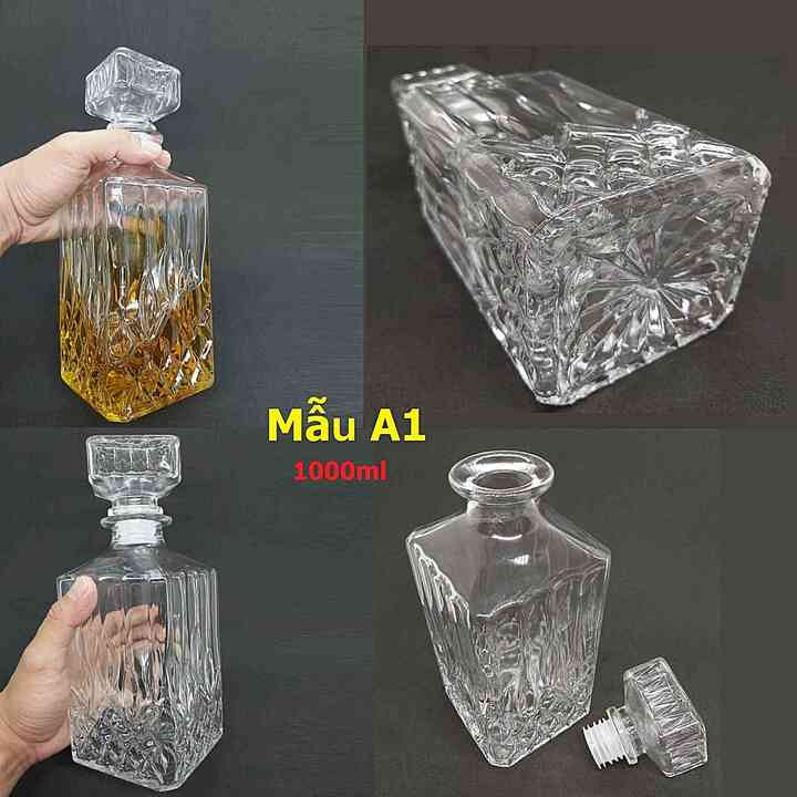 Chai Thủy Tinh đựng rượu Vuông 1,000ML - Vỏ Chai rượu 1000ML, bình thủy tinh trong suốt