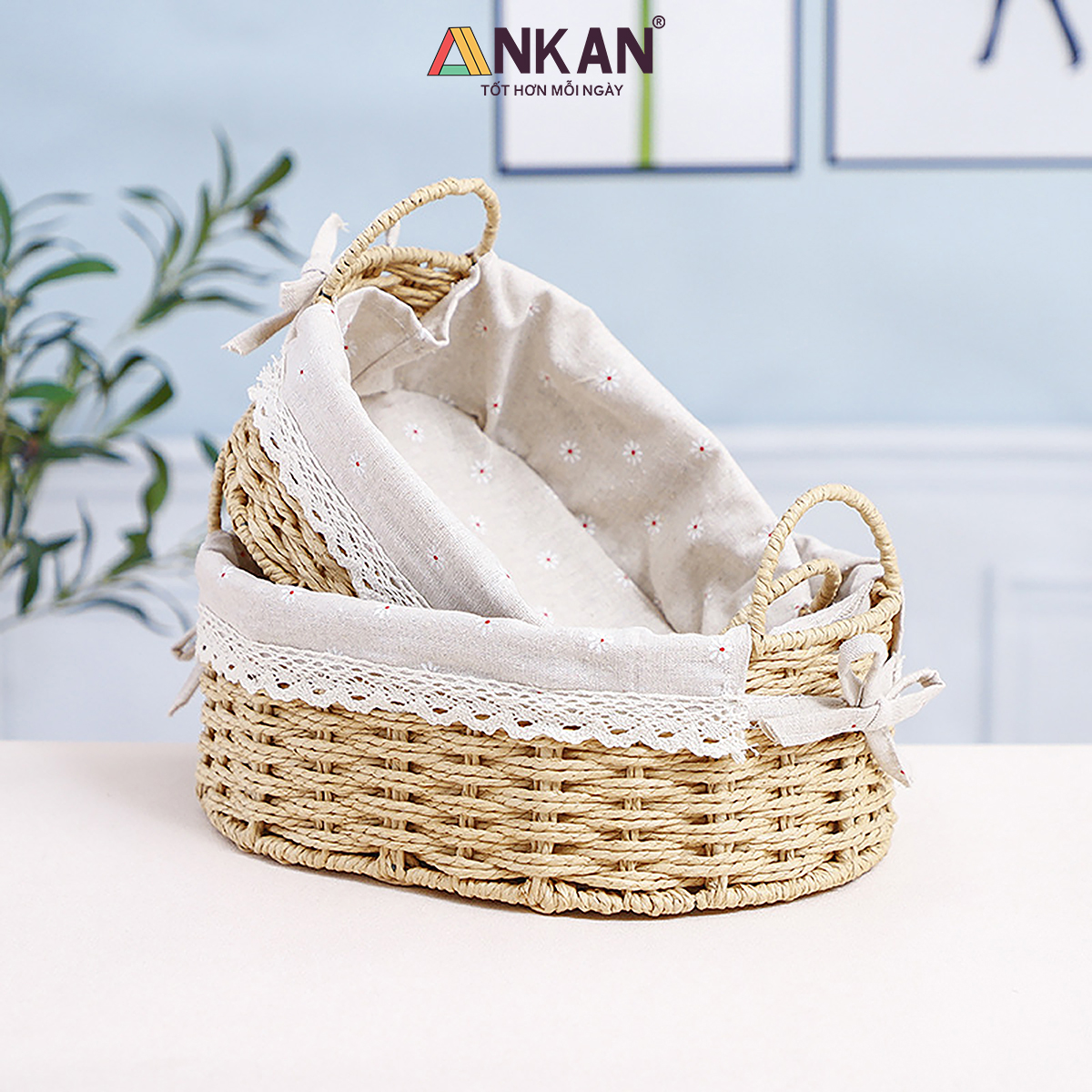 Giỏ Đựng Đồ Ăn Vặt Có Quai Hình Bầu Dục Lót Vải Hoa – Sợi Giấy Cán Mỏng Nhẹ Bền, Dễ Vệ Sinh