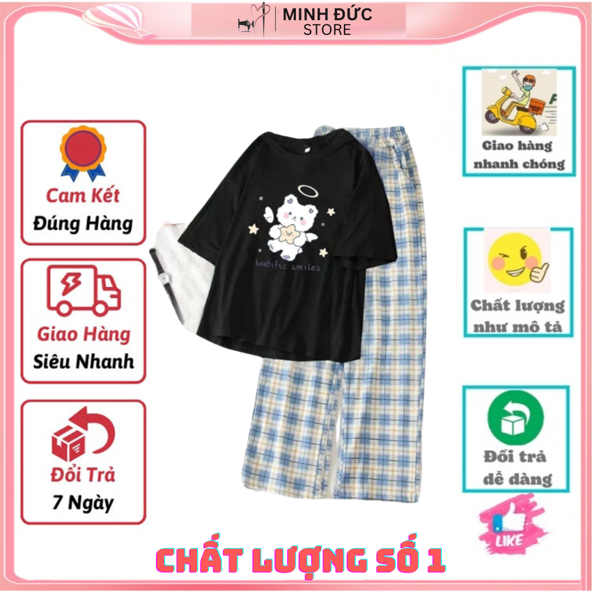 Sét Bộ Nữ SS24, Sét Đồ Nữ Đi Chơi Đẹp In Gấu Ôm Sao, Sét Áo Vải Cotton Và Quần Kẻ Đen Cá Tính