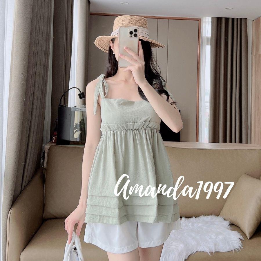 {Amanda} Set áo hai dây buộc nơ xốp mix quần short trắng ngây thơ - set áo 2 dây 5 màu thời trang nữ