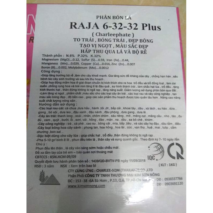 Phân bón Raja NPK 6-32-32 Plus to trái, bóng trái, đẹp bông, tạo vị ngọt, màu sắc đẹp - 1 kg