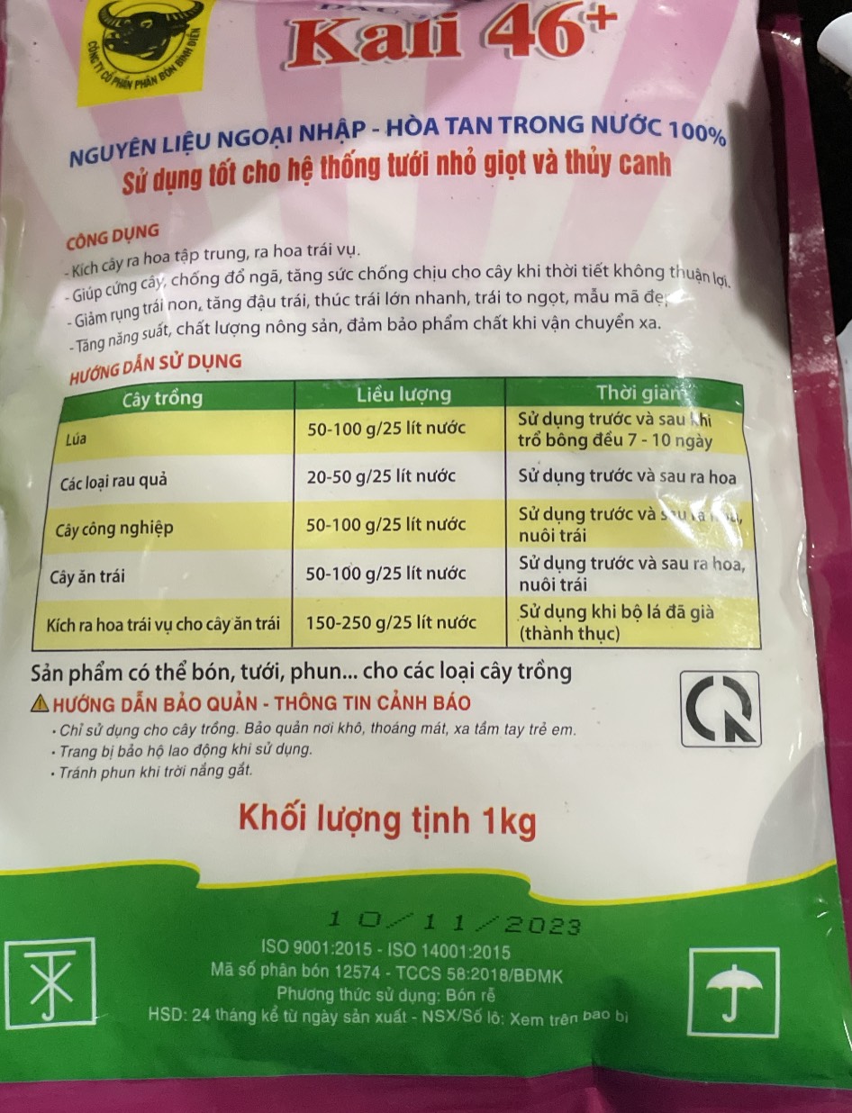 Phân bón lá đầu trâu kali Trắng 46 gói 1Kg