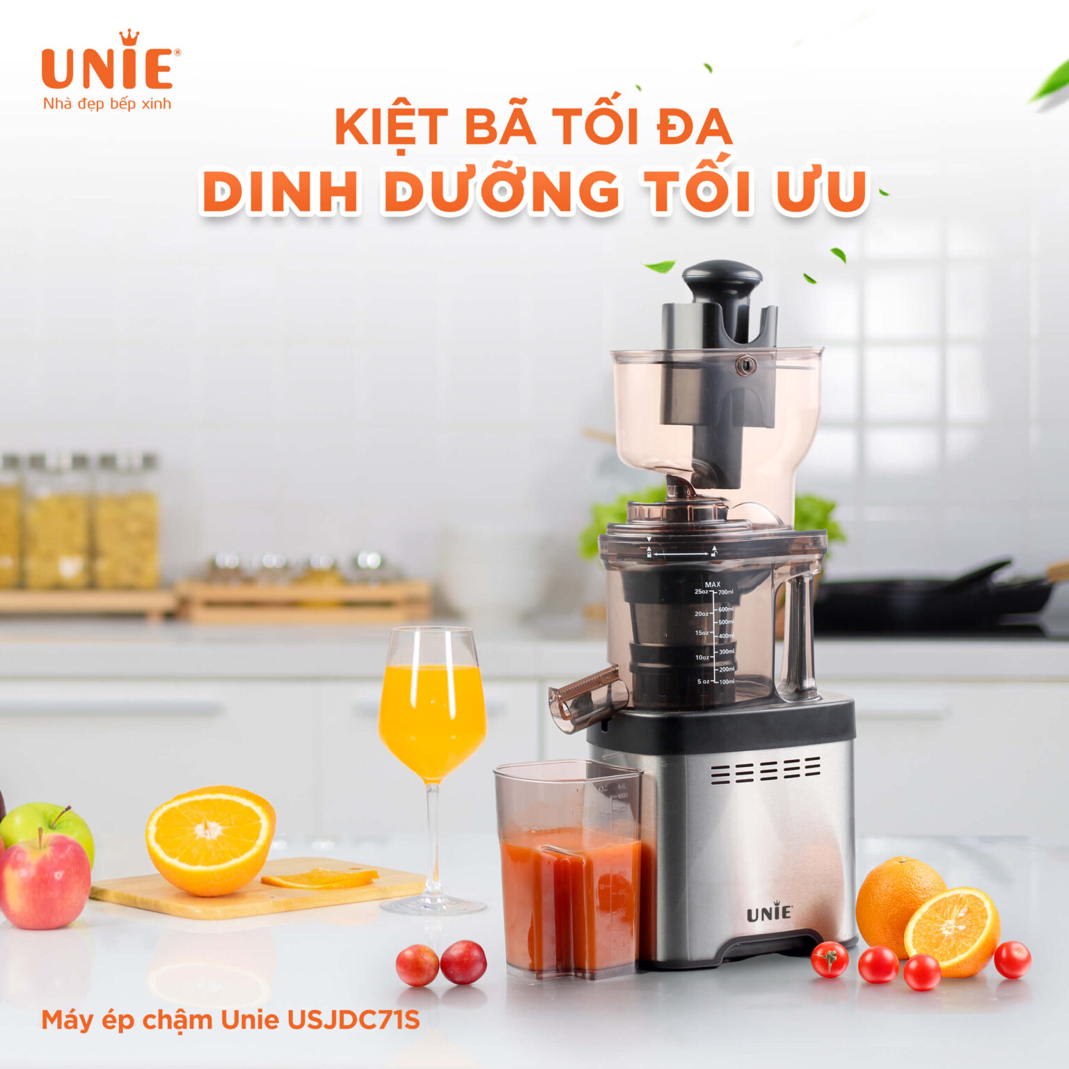 Máy Ép Trái Cây, Máy Ép Chậm Cao Cấp UNIE USJDC71S Tiêu Chuẩn Đức Dung Tích 700 ML Công Suất 400 W - Hàng Chính Hãng