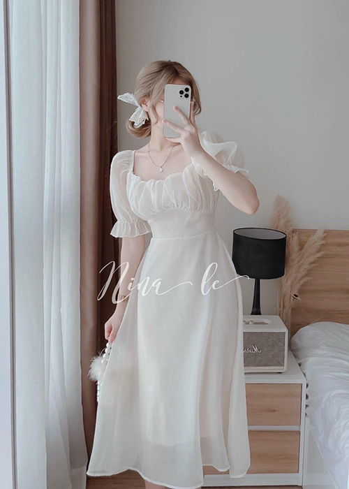 Đầm Voan Chinhfon Tay Phồng Xếp Ly Ngực Xinh Xắn