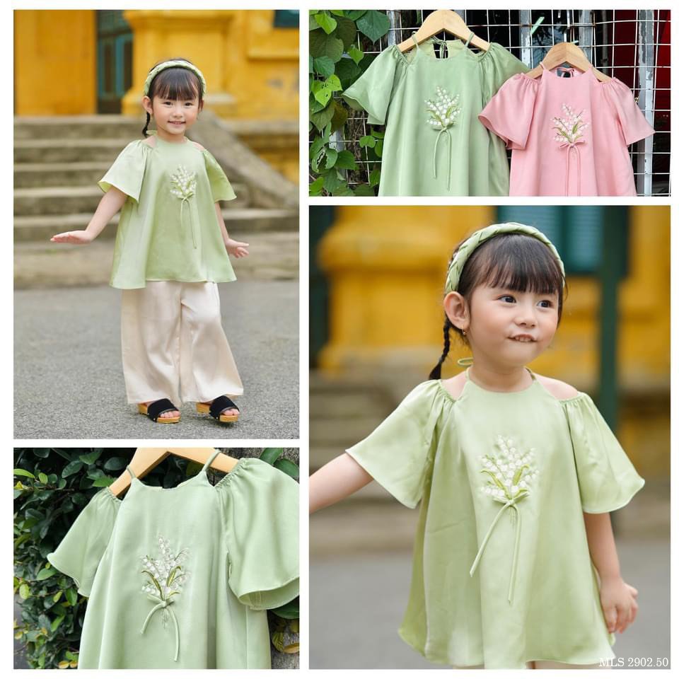 Bà ba cho bé gái áo cổ yếm thêu hoa diện lễ tết trung thu đẹp từ 12-40kg chất lụa mềm mát