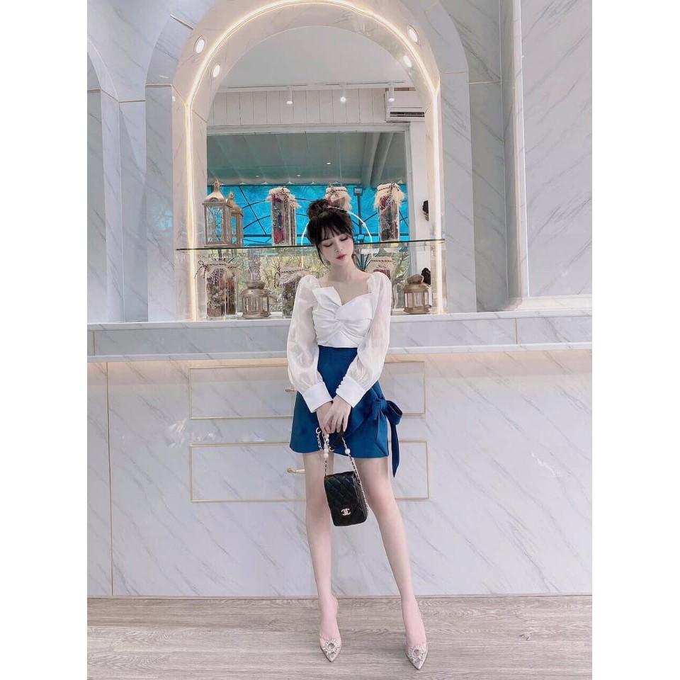 Set áo dài tay ̂ Set bộ kèm chân váy phối nơ thời trang