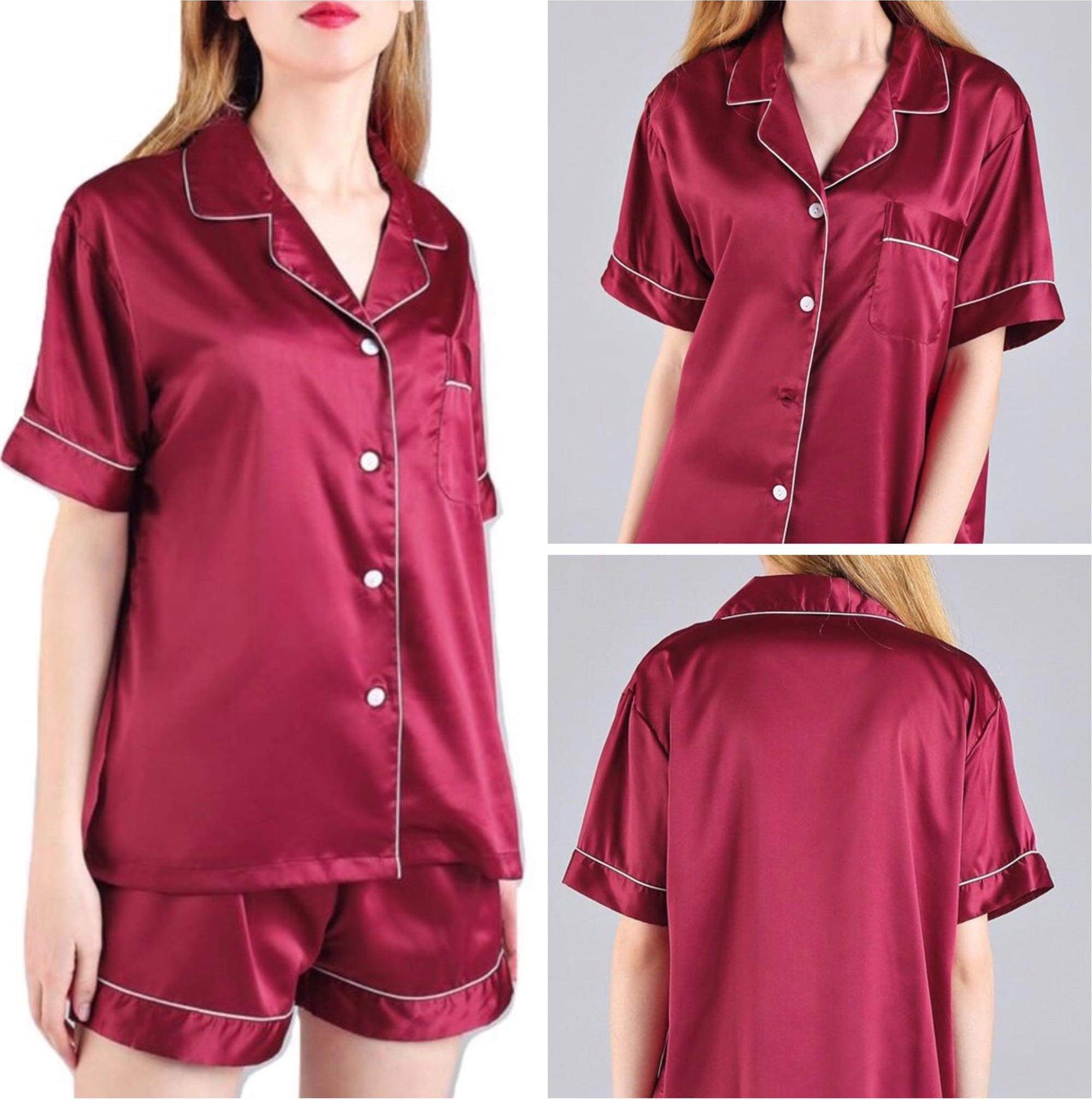 ĐỒ BỘ PIJAMA LỤA CAO CẤP QUẦN NGẮN ÁO TAY NGẮN MÀU ĐỎ ĐÔ ĐỦ SIZE