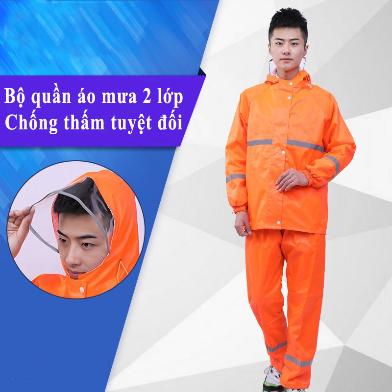 Bộ quần áo mưa cao cấp màu cam có vệt phản quang chống nước tuyệt đối AMB04