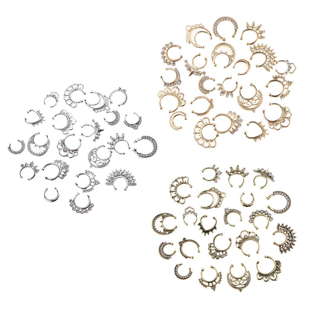 2-3pack 21 Pieces Crystal Fake Septum Clicker Nose Ring Non-piercing Antique