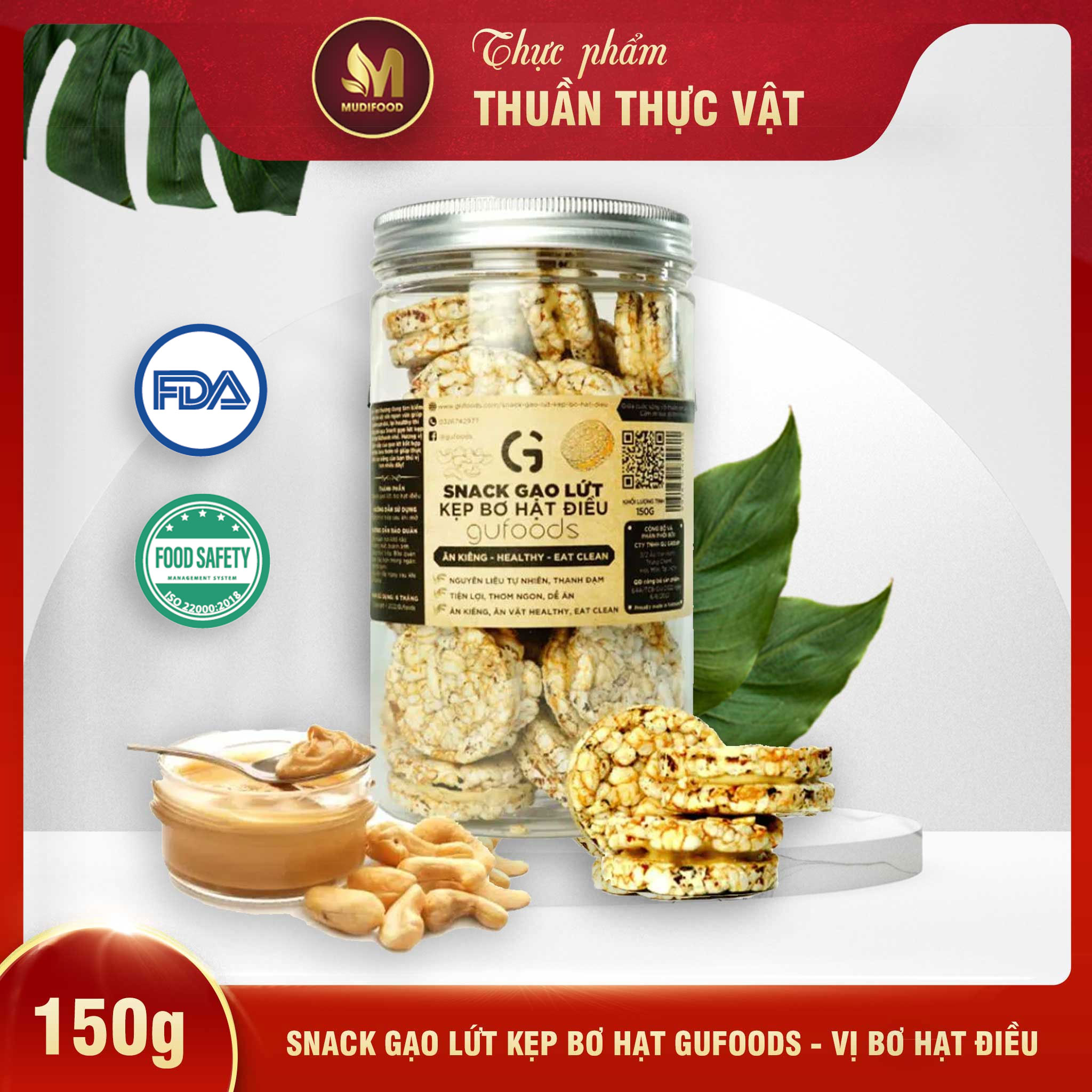 Snack Gạo Lứt Kẹp Bơ Hạt GUfoods (Bơ Điều) 150g - Ăn Kiêng, Ăn Vặt Healthy, Lành Mạnh, Eat Clean, Thực Dưỡng