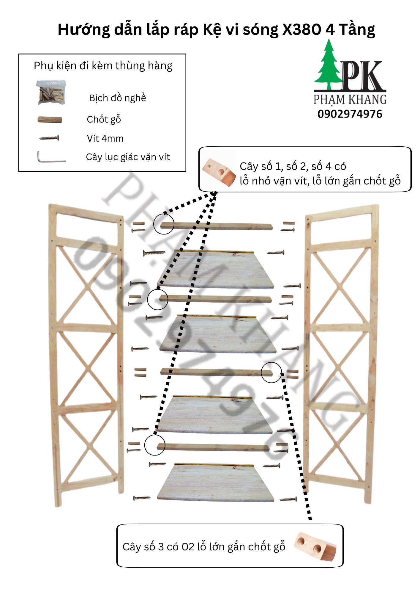 Kệ lò vi sóng gỗ 4 tầng Phạm Khang - Gỗ cao su tự nhiên màu Gỗ Tự Nhiên/ Vàng Cherry - Kích thước rộng 62 cm