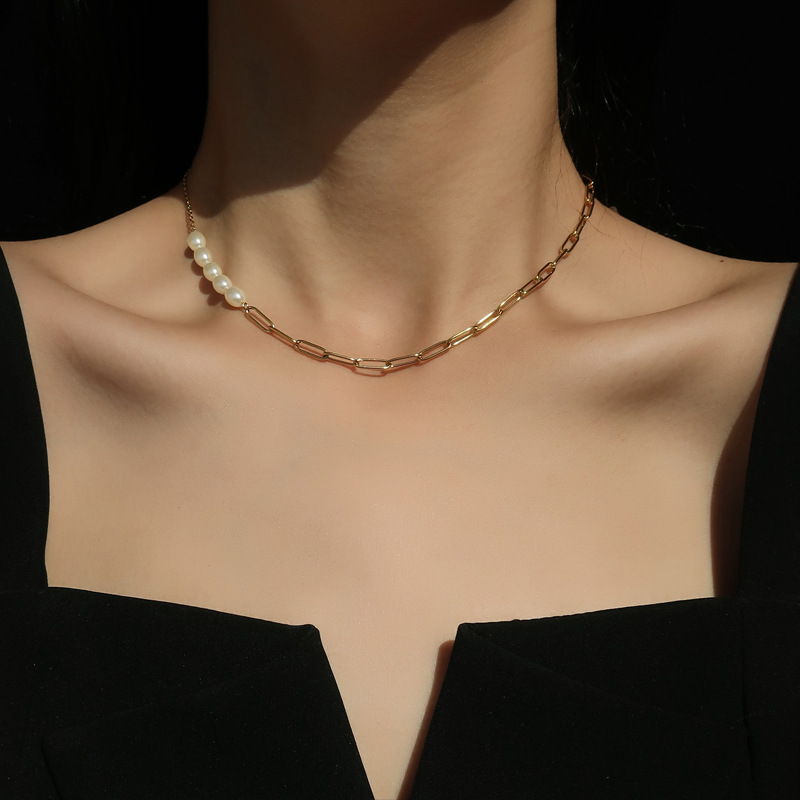 Dây chuyền vòng cổ kim loại hợp kim mix hạt châu nhân tạo sang chảnh nam và nữ cá tính