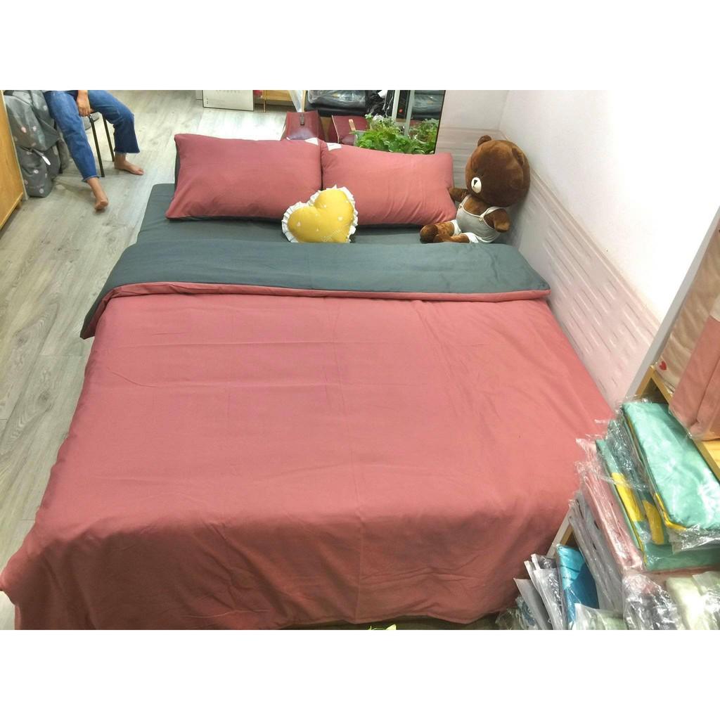 Bộ chăn ga gối cotton TC màu đỏ pha ghi