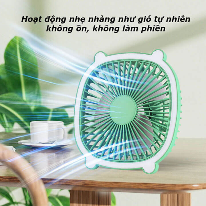 Quạt để bàn mini sạc tích điện có đèn LED, quạt tích điện để bàn văn phòng treo tường kiêm đèn ngủ 3 cánh không ồn