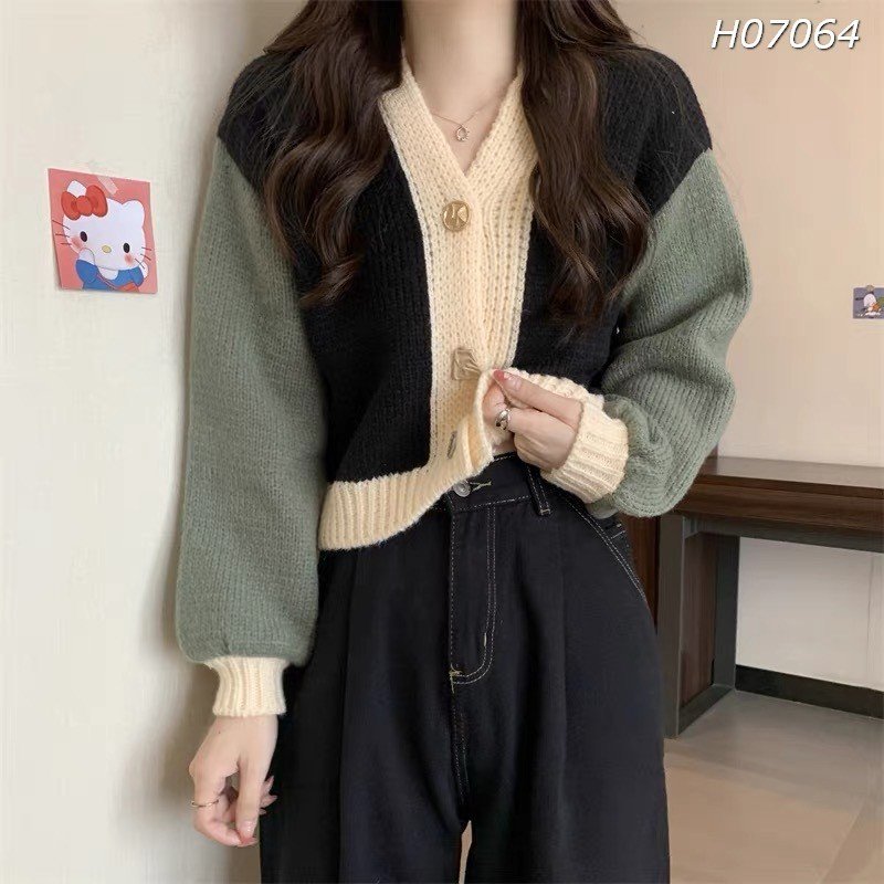 Áo len nữ trơn QCCC,khoác Cardigan mỏng nút cổ V,tay dài,phối màu cưng xỉu